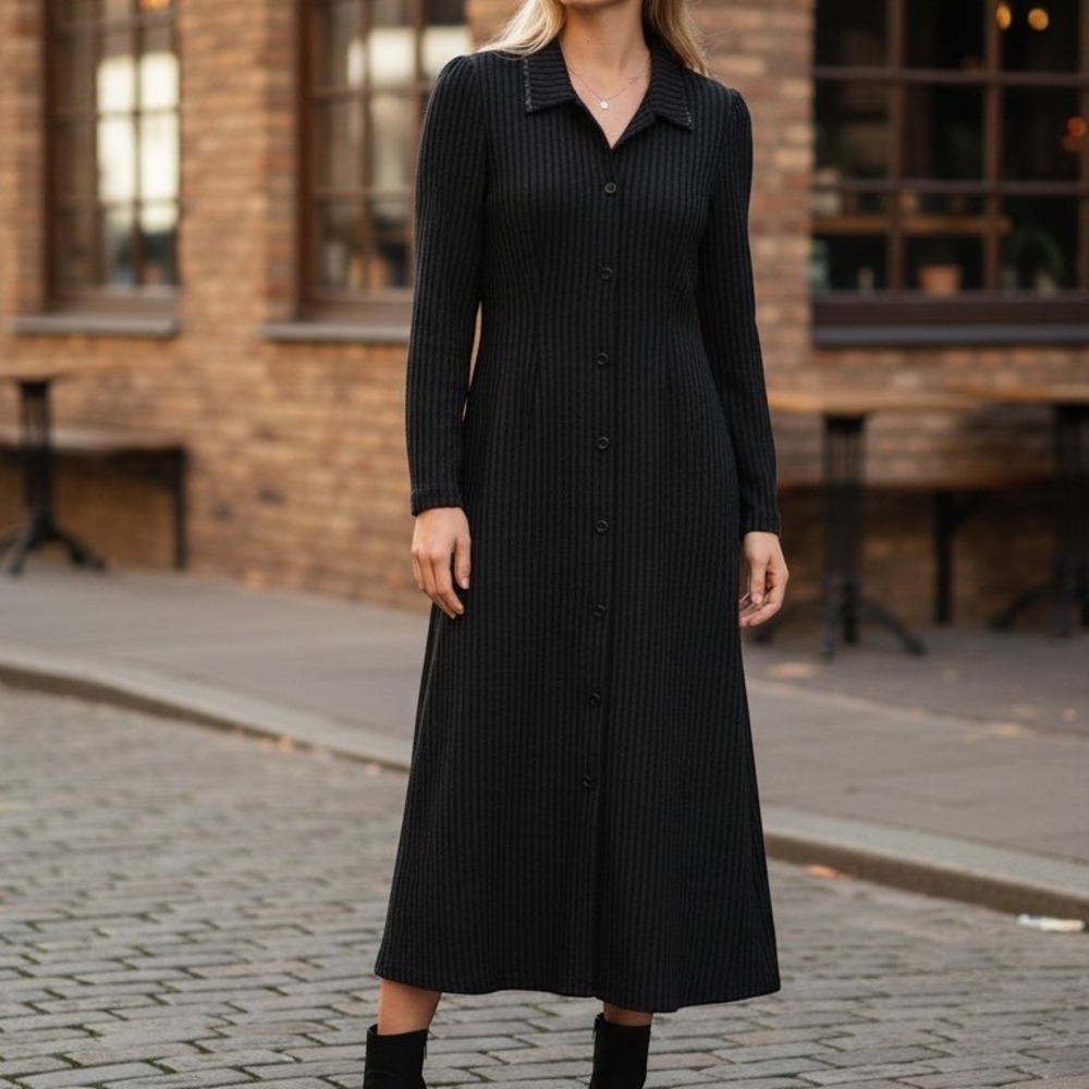 April Cornell Midi Dress Women XS Black Pinstripe Button Front Long Sleeve Lycra